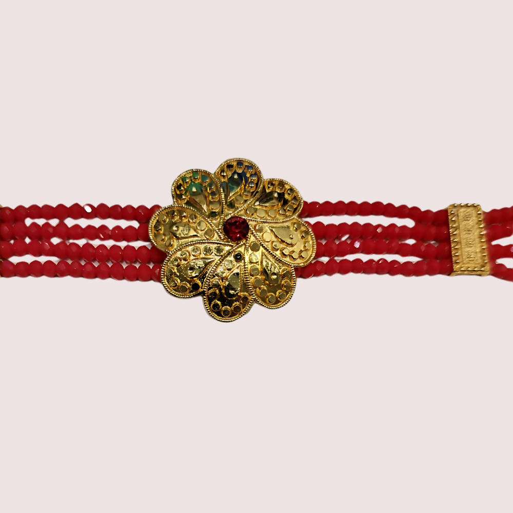Scarlet Bloom Red Beaded Necklace with Floral Gold Pendant