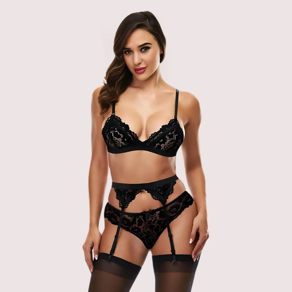 Crimson Whisper Lace Bra &amp; Garter Set